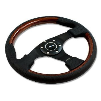 Classic Wood Grain Wheel, 350mm, 3 spoke center in black, Leather wheel with wood accents