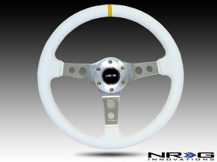 350mm Sport Steering Wheel (2" Deep) - White leather w/ Yellow Center Mark