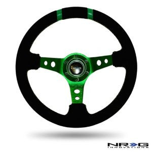 350mm Sport Steering wheel (3" Deep) - Black Suede - Green w/ Green Double Center Marking