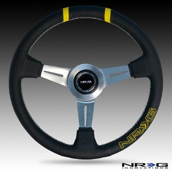 360mm Sport Steering wheel - Black leather w/ White stitching. Double yellow Center Marking, yellow stitched NRG logo