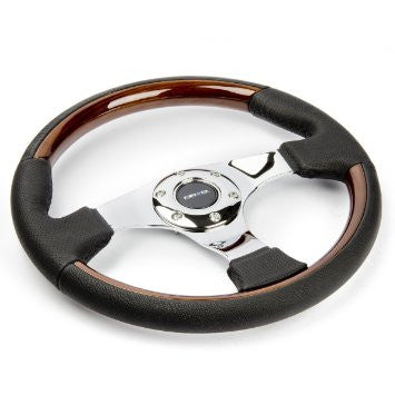 Classic Wood Grain Wheel, 350mm, 3 spoke center in chrome, Leather wheel with wood accents