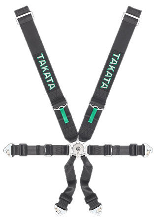 Black - FIA 2018 - 6-point belt, 3“ shoulder belt, 2“ lap belt pull-down, dual sub-strap - 4 eye bolts, locking pins, & washers - TAKATA Race 6 - 6pt snap-on