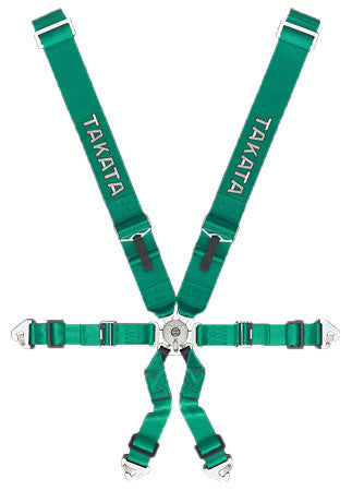 Green - FIA 2018 - 6-point belt, 3“ shoulder belt, 2“ lap belt pull-down, dual sub-strap - 4 eye bolts, locking pins, & washers - TAKATA Race 6 - 6pt snap-on