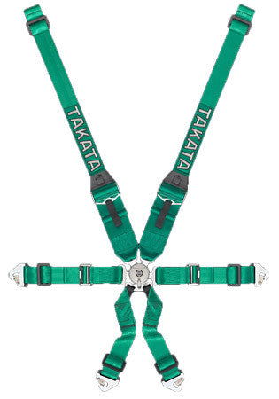 Green - FIA 2018 - 6-point belt, 2"/3“ HANS shoulder belt, 2“ lap belt pull-down, dual sub-strap - 4 eye bolts w/lock pin & washers - TAKATA Race 6 HANS - 6pt snap-on (HANS or HYBRID use only)