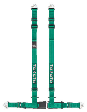 Green - 4 point street belt with asm, 2" shoulder belt, 2" lap belt pull-up (snap-on) - ECE R 16 and FMVSS 209 approved - Legal for use as the primary restraint in a road-going vehicle - TAKATA Drift II snap - 4pt snap-on (buckle on right lap belt)