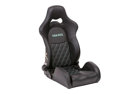 Takata Drift Pro LE Seat - Black Leather - Takata Embroidered Logo - Green Stitching - Integrated Seat Heater