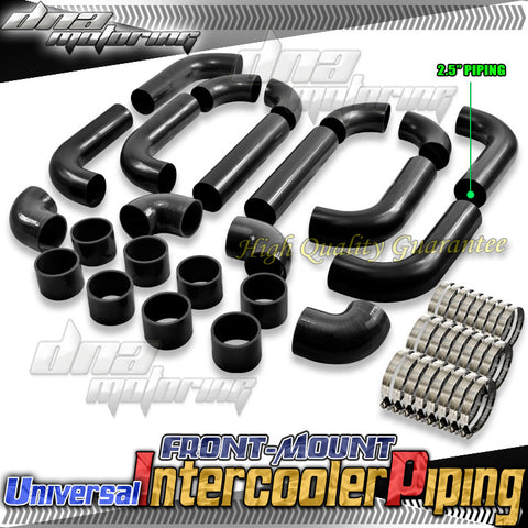 INTERCOOLER PIPING -FRONT  MOUINT T-2 2.5" 14PC BLACK ALUMINUM PIPE SILICONE HOSE-T-CLAMP UNIVERSAL