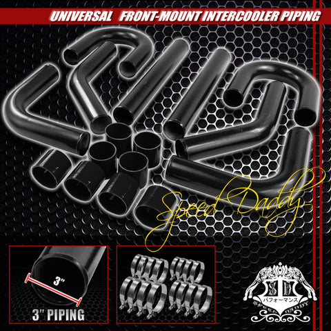 INTERCOOLER PIPING -FRONT  MOUNT 3" 8PC ALUMINUM PIPE SILICONE HOSE T-CLAMP UNIVERSAL BLACK