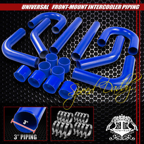 INTERCOOLER PIPING FRONT MOUNT 8PC ALUMINUM PIPE SILICONE HOSE T-CLAMP UNIVERSAL 3" BLUE