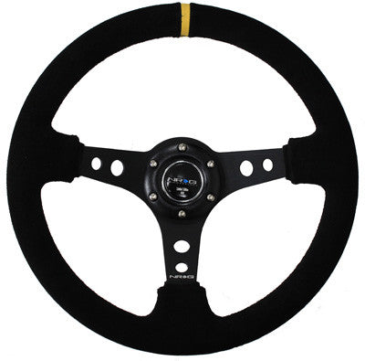 350mm Sport Steering Wheel (3" Deep) - Suede w/ Yellow Center Mark