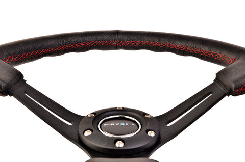 350mm Sport Steering Wheel (3" Deep) Black Leather with Red Stitching