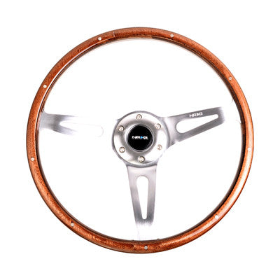 Classic Wood Grain Wheel, 365mm, 3 spoke center in polished aluminum, wood with metal accents