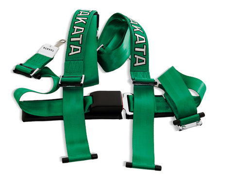 Green - 4 point street belt with asm, 2" shoulder belt, 2" lap belt pull-up (bolt-on) - ECE R 16 and FMVSS 209 approved - Legal for use as the primary restraint in a road-going vehicle - TAKATA Drift II bolt - 4pt bolt-on (buckle on right lap belt)