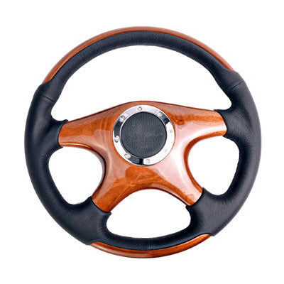 Classic Wood Grain Wheel, 350mm, 4 spoke center in wood, Leather wheel with wood accents