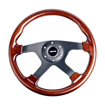 Classic Wood Grain Wheel, 350mm, 4 spoke center in Chrome, Leather wheel with wood accents