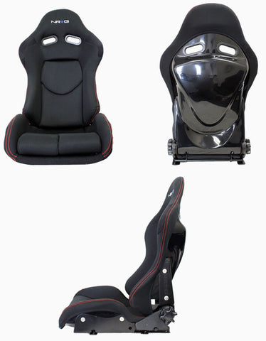 Reclinable FRP Bucket Seat, black cloth, red stitching with Black backing