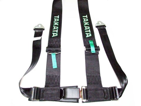 (disc) Black - 4 point street belt with asm 3" shoulder belt, 2" lap belt pull-down (snap-on) - TAKATA Drift III snap 4pt snap-on (buckle on right lap belt)