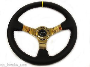 350mm Sport Steering wheel (3" Deep) - Black Leather w/ Red Stitching - Gold Center