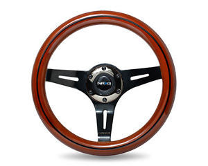 Classic Dark Wood Grain Wheel, Black line inlay, 310mm, 3 spoke center in Black Chrome