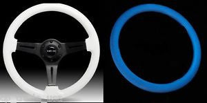 White Paint/Blue glow-in-the-dark Wood Grain Wheel, 350mm, 3 spoke center in Black