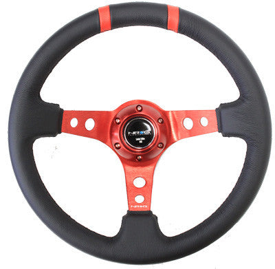 350mm Sport Steering wheel (3" Deep) - Black Suede - Red w/ Red Double Center Marking