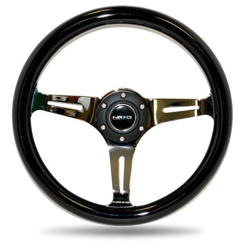 Classic Wood Grain Wheel - 350mm 3 Brushed alluminum spokes - Black Grip