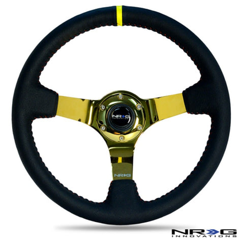 350mm Sport wheel  - Black Leather, Red Baseball Stitch, Gold spoke - Yellow Stripe